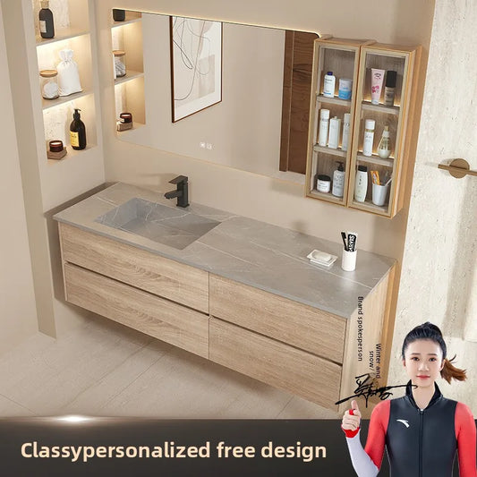 Modern minimalist bathroom vanity set with integrated basin, featuring a hand washing and face washing pool, by WinniShop.