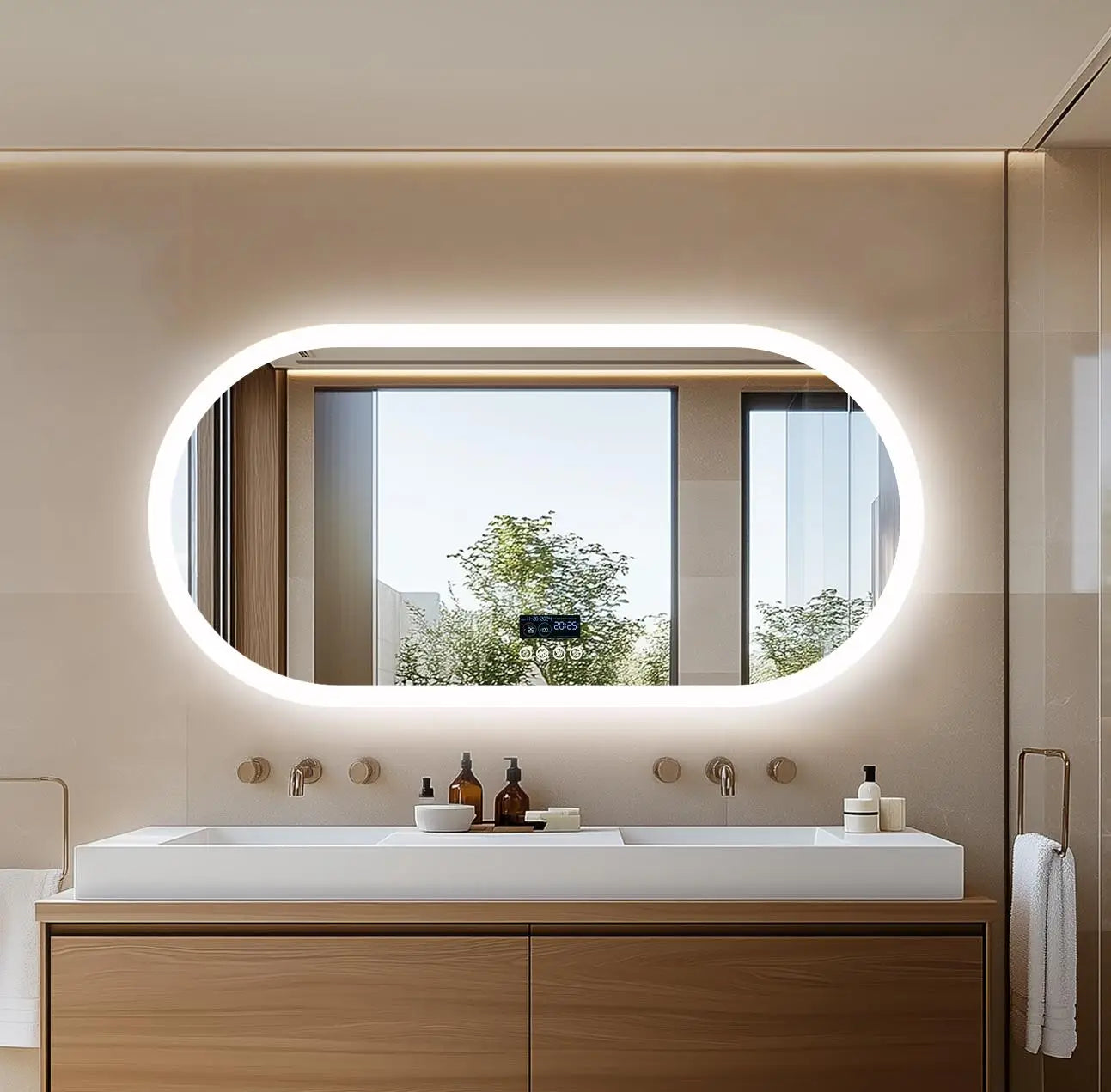 Oval LED bathroom mirror with Bluetooth speaker, digital display, wall-mounted design, ideal for makeup and grooming.