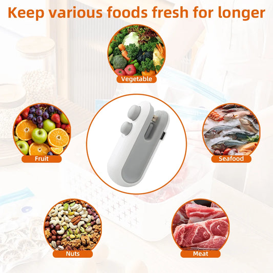 WinniShop mini handheld heat sealer for plastic food bags with clip, portable packaging and sealing device for food storage.
