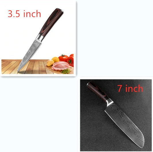 Set de cuchillos profesionales estilo Damasco con mangos de madera premium, ideal para cocina de alta calidad y precisión.
