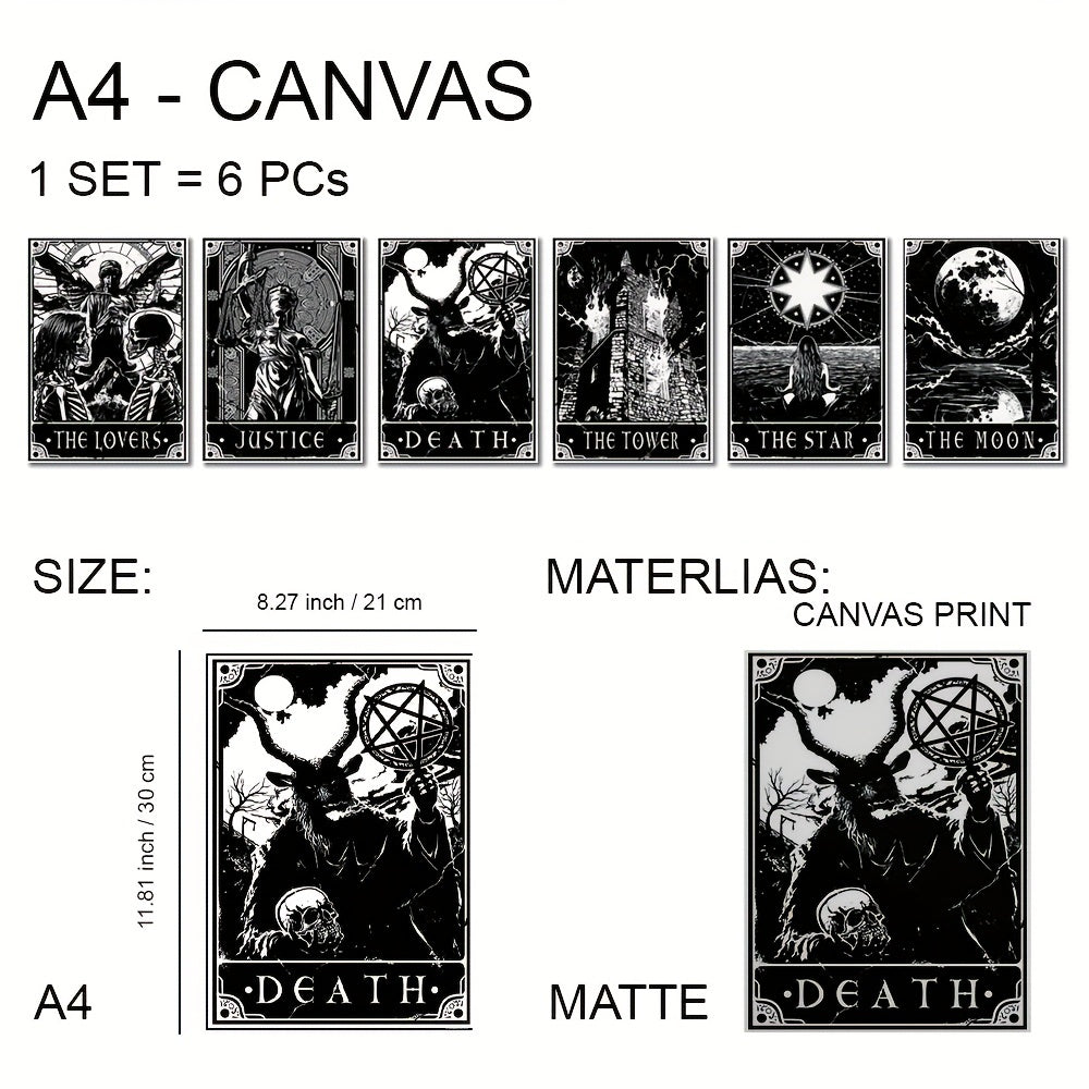 Set of 6 black and white tarot posters by WinniHouse, modern wall art for living room or bedroom decor.