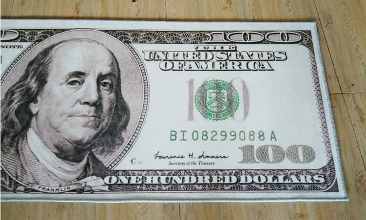 Creative dollar bill design money rug by WinniHouse, featuring a vibrant, detailed American currency pattern on a stylish floor mat.