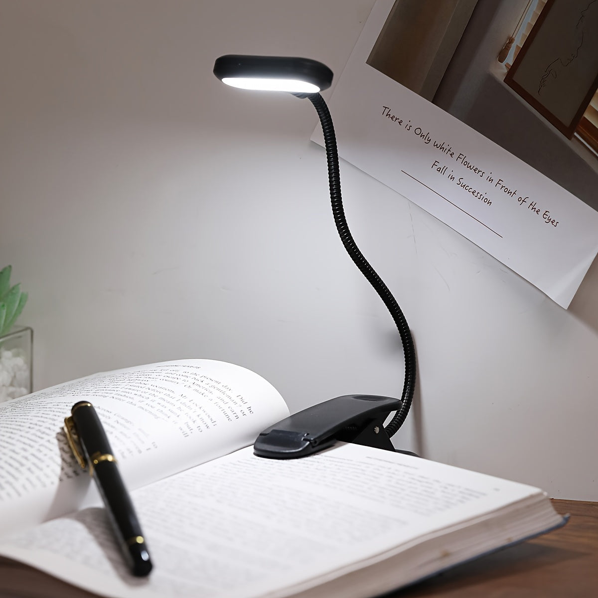 WinniHouse LED desk lamp with adjustable arm and clip, battery-powered, ergonomic design for reading and workspace illumination.