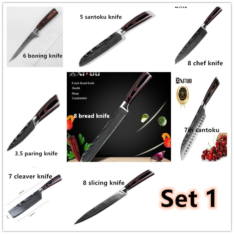 Set of WinniHouse professional Damascus style knives with wooden premium mango handles, showcasing sleek blade designs.