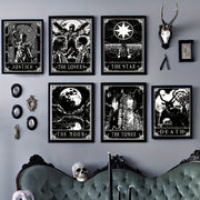 Set of 6 black and white tarot poster prints by WinniHouse, modern wall art for living room or bedroom decor.