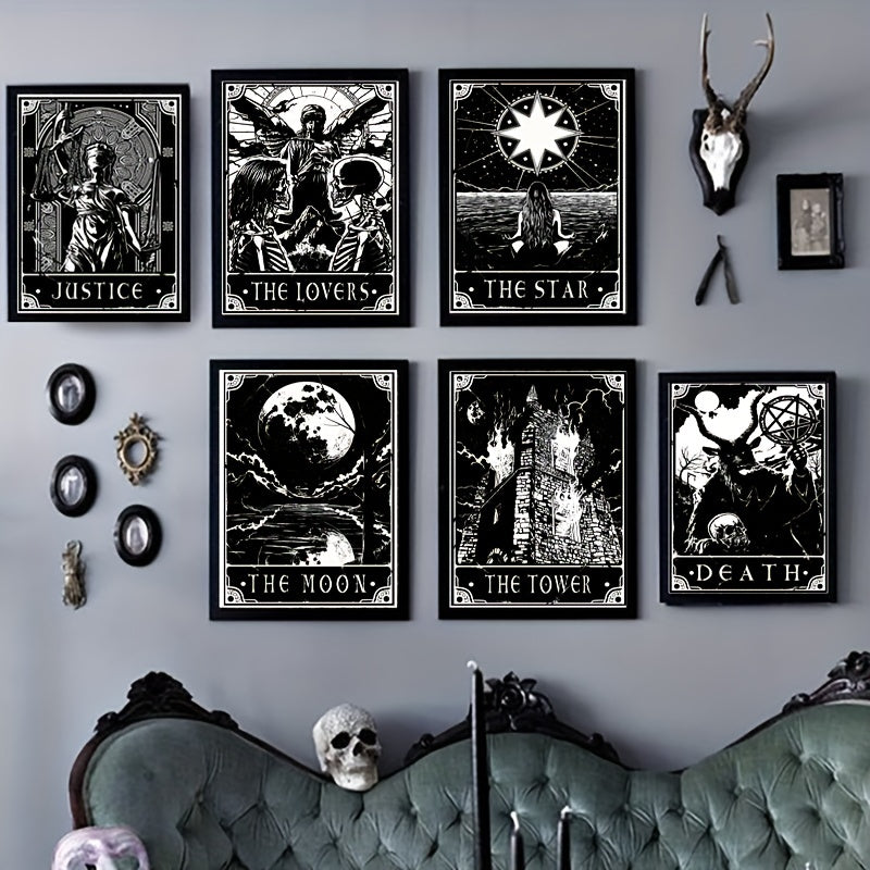 Set of 6 black and white tarot poster prints by WinniHouse, modern wall art for living room or bedroom decor.