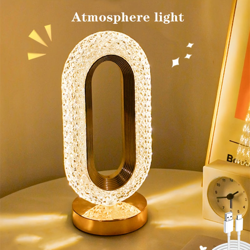 Elegant oval crystal table lamp by WinniHouse with USB charging, decorative night light for living rooms, bedrooms, and festive decor.