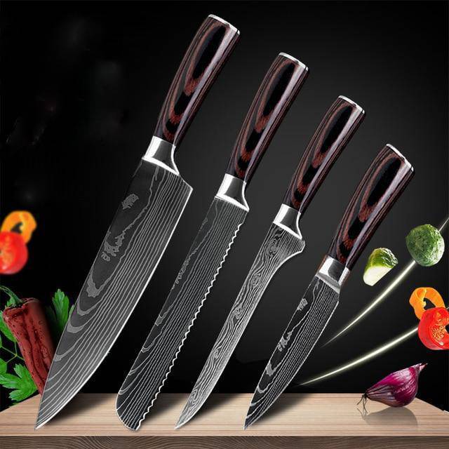 Set de cuchillos profesionales estilo Damasco con mangos de madera premium, fabricados por WinniHouse, para cocina de alta calidad.
