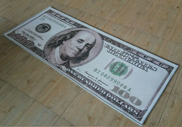 Dollar bill design creative money rug by WinniHouse, featuring a colorful, realistic dollar note pattern on a plush floor mat.