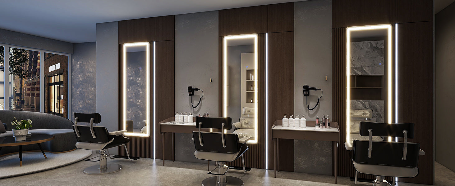 Full-body LED mirror by WinniHouse showing adjustable lighting with three color temperatures on a modern wall mount.