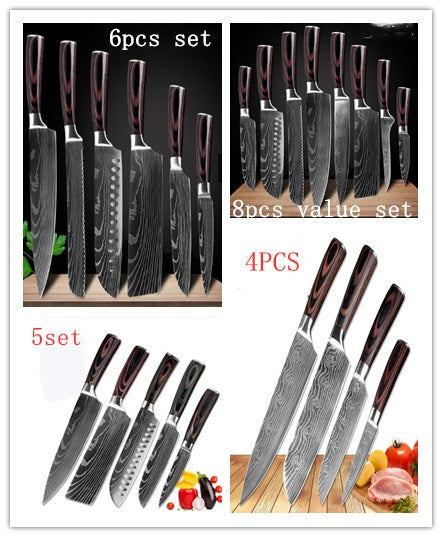 Set of three professional Damascus-style knives with wooden handles by WinniHouse, featuring durable blades and elegant wooden mango