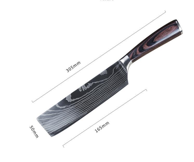 Set de cuchillos profesionales estilo Damasco con mangos de madera premium, ideal para cocina y preparación de alimentos.