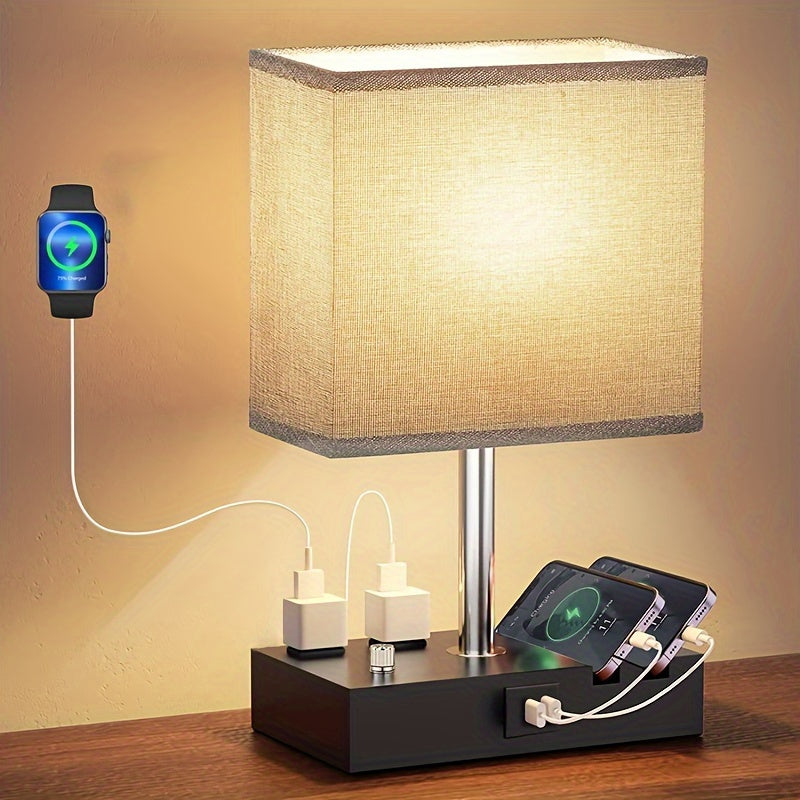 WinniHouse adjustable desk lamp with USB ports, fabric shade, built-in power outlets, and included LED bulb for bedroom or office.