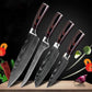 Set de cuchillos profesionales estilo Damasco con mangos de madera premium, ideal para cocina y preparación de alimentos.