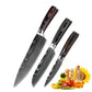 Set de cuchillos profesionales estilo Damasco con mangos de madera premium, ideal para cocina de alta calidad.