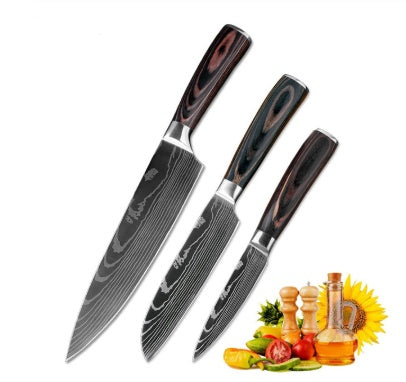 Set de cuchillos profesionales estilo Damasco con mangos de madera premium, ideal para cocina de alta calidad.