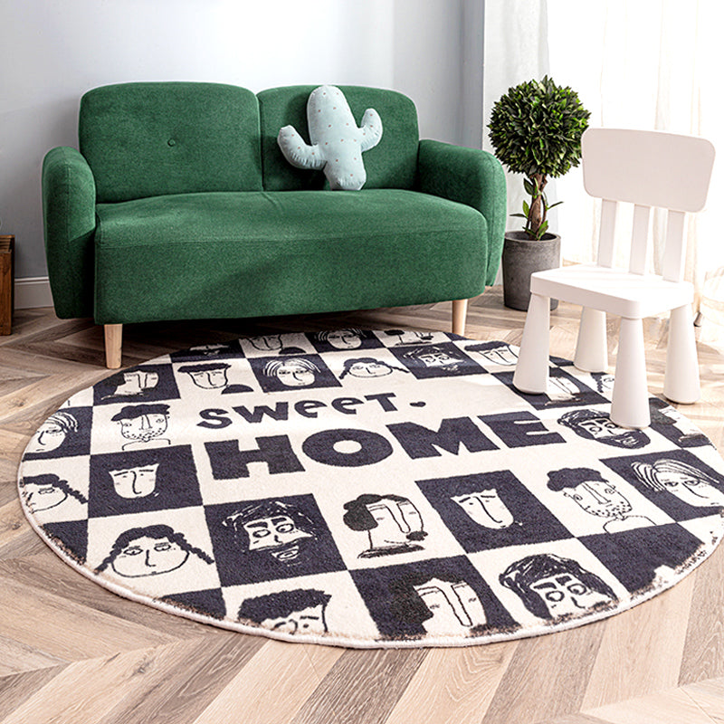 Round artistic white and black rug with modern illustrated design, ideal for contemporary home decor by WinniShop.