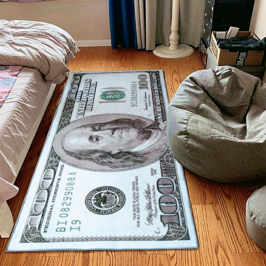 Creative dollar bill design money rug by WinniHouse, featuring a colorful, decorative carpet with a unique currency-inspired pattern.