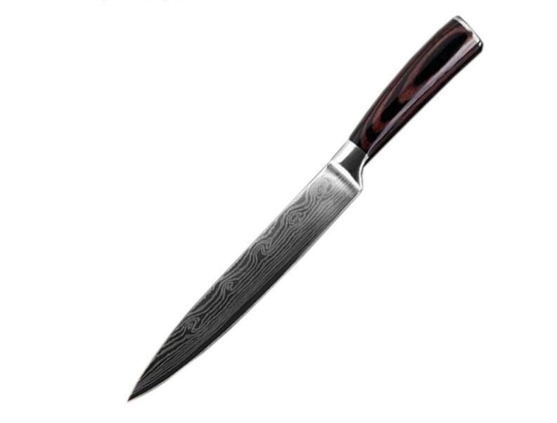 Set of WinniHouse professional Damascus-style knives with premium wooden handles, showcasing sharp blades and elegant craftsmanship.