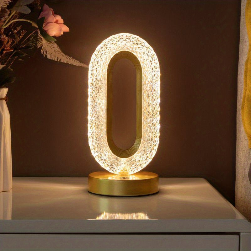 Luxury oval crystal table lamp with USB charging port, decorative night light for living room, bedroom, and festive decor.