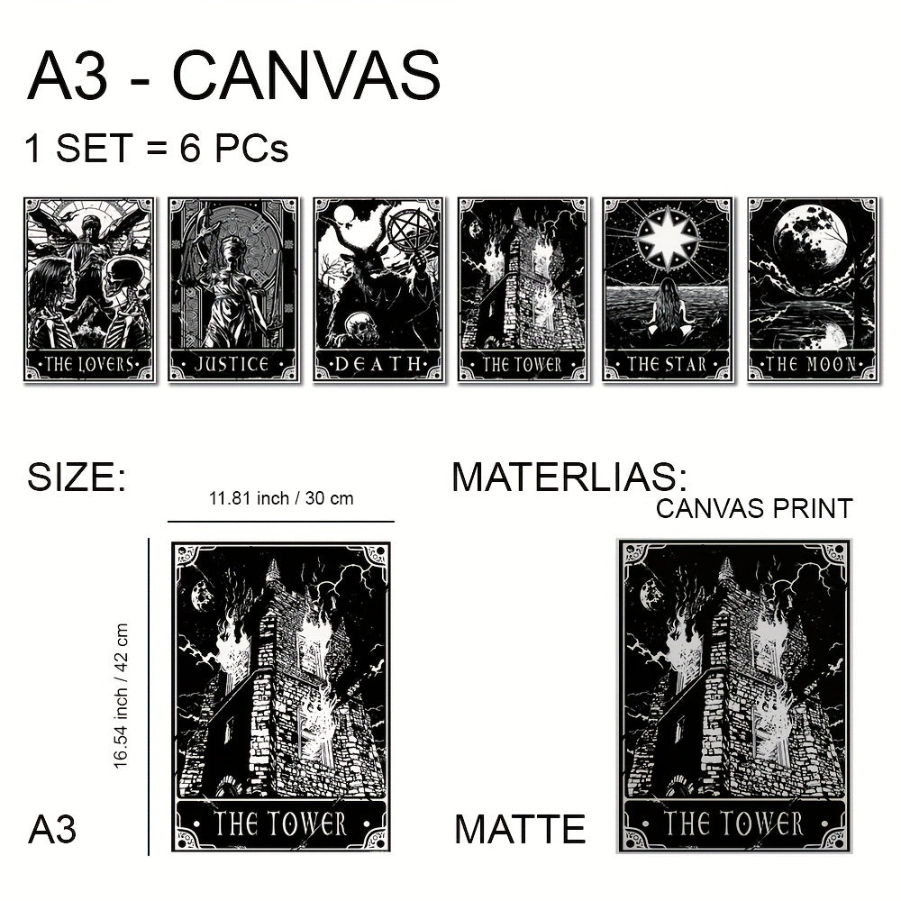 Set of 6 black and white tarot posters by WinniHouse, modern wall art for living room or bedroom decor, unframed.