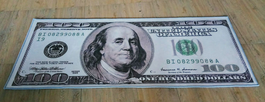 Creative dollar bill design money rug by WinniHouse with vibrant, detailed currency pattern for home decor.