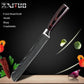 Set of six WinniHouse professional Damascus-style knives with premium wooden handles, displayed on a cutting board.