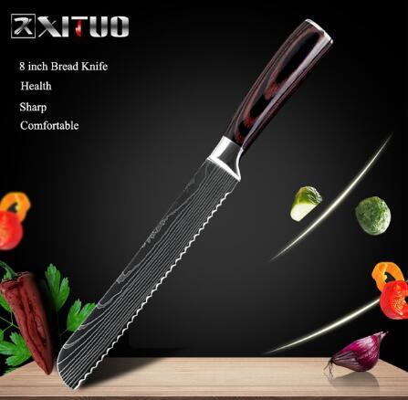 Set of six WinniHouse professional Damascus-style knives with premium wooden handles, displayed on a cutting board.