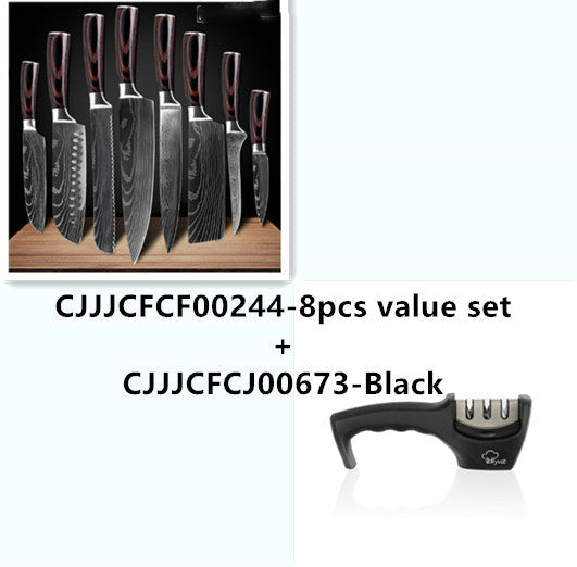 Set of WinniHouse professional Damascus-style kitchen knives with premium wooden handles, featuring sleek, high-quality blade designs.