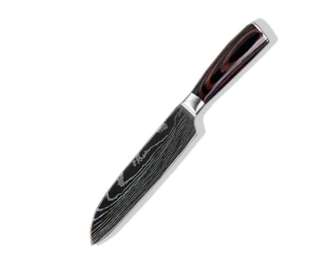 Set de cuchillos profesionales estilo Damasco con mangos de madera premium, ideal para cocina gourmet y corte preciso