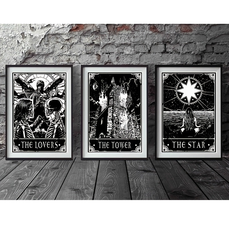 Set of 6 black and white tarot posters from WinniHouse, modern wall art for living room or bedroom decor, frameless design.