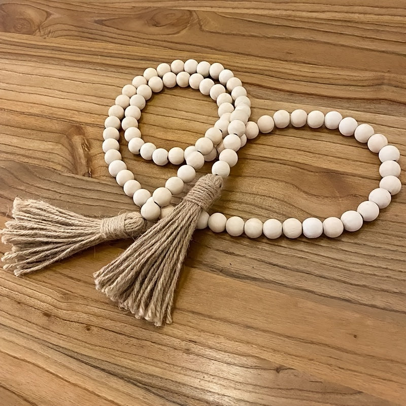 Wooden beads garland with tassels, 32 inches, farmhouse rustic decor for living room, bedroom, and seasonal celebrations.