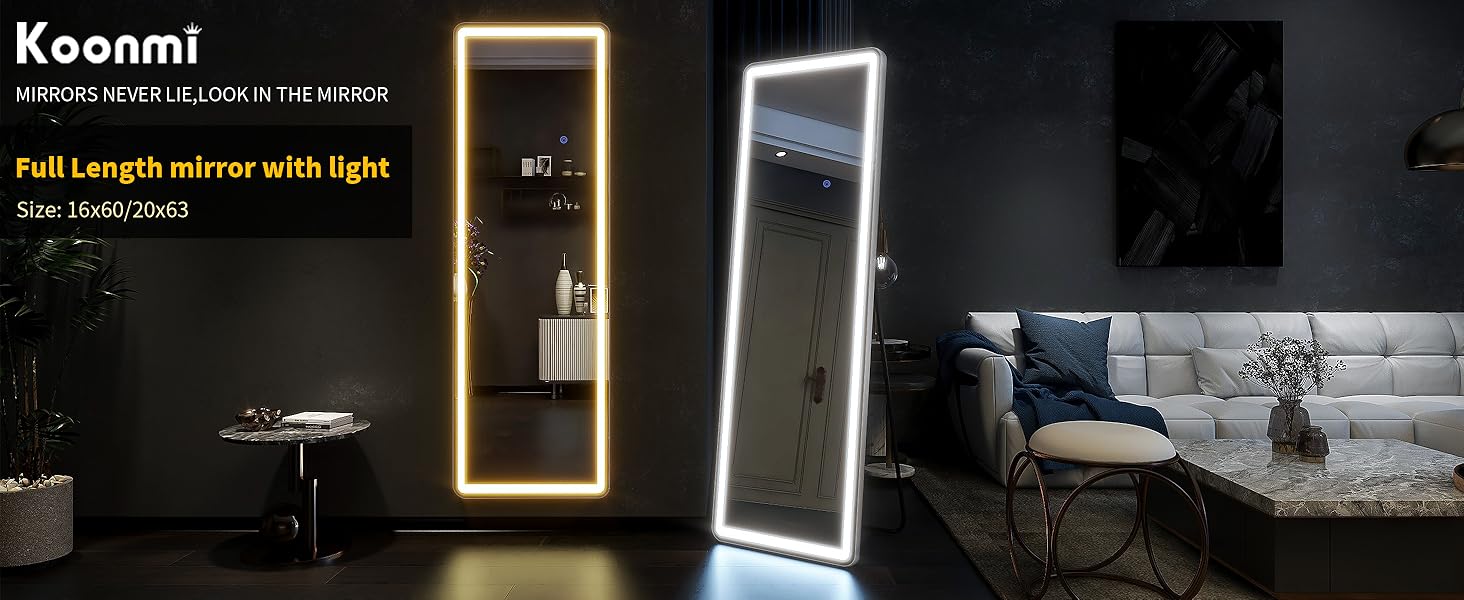 Full-body LED mirror by WinniHouse, 63x20 inches with adjustable brightness and three color temperature options.