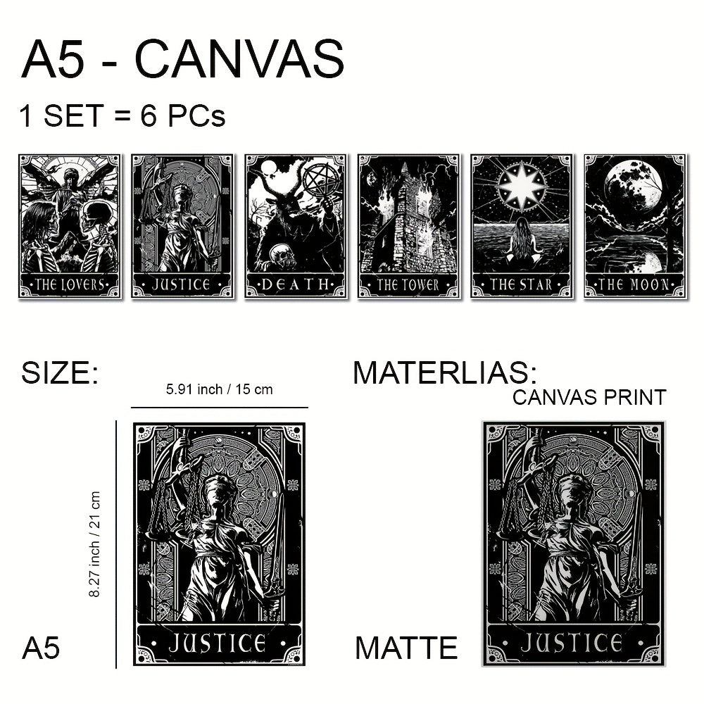 Set of 6 black and white tarot poster prints by WinniHouse, modern wall art for living room or bedroom decor.