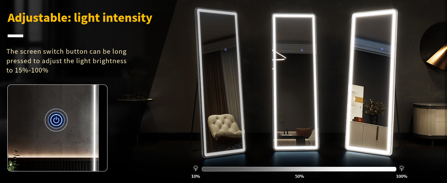 Full-length LED mirror by WinniHouse, 63"x20" with adjustable lighting and three color temperature options.