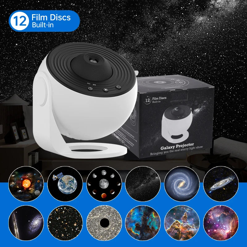 WinniHouse galaxy night light projector with planetary design and 360° rotation, creating mesmerizing starry sky effects.
