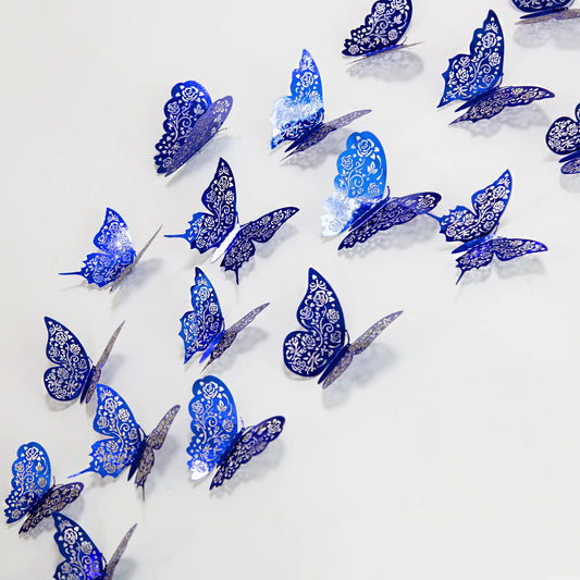 Blue 3D butterfly wall stickers by WinniHouse, featuring hollow design, perfect for decorating walls with a vibrant, artistic touch.