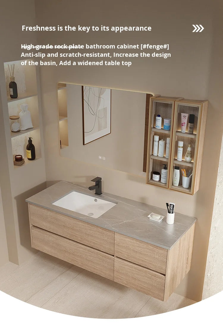 Modern minimalist luxury bathroom vanity set with integrated basin, featuring hand and face washing areas and a sleek toilet washstand.