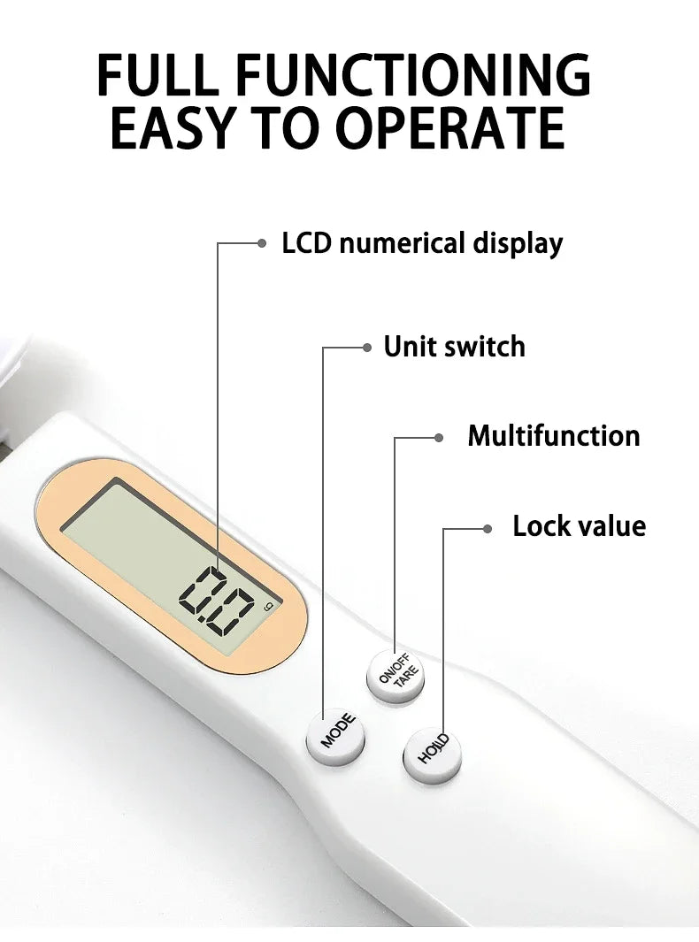 Digital measuring spoon by WinniHouse showing LCD display and 500g capacity, used for precise kitchen measurements.