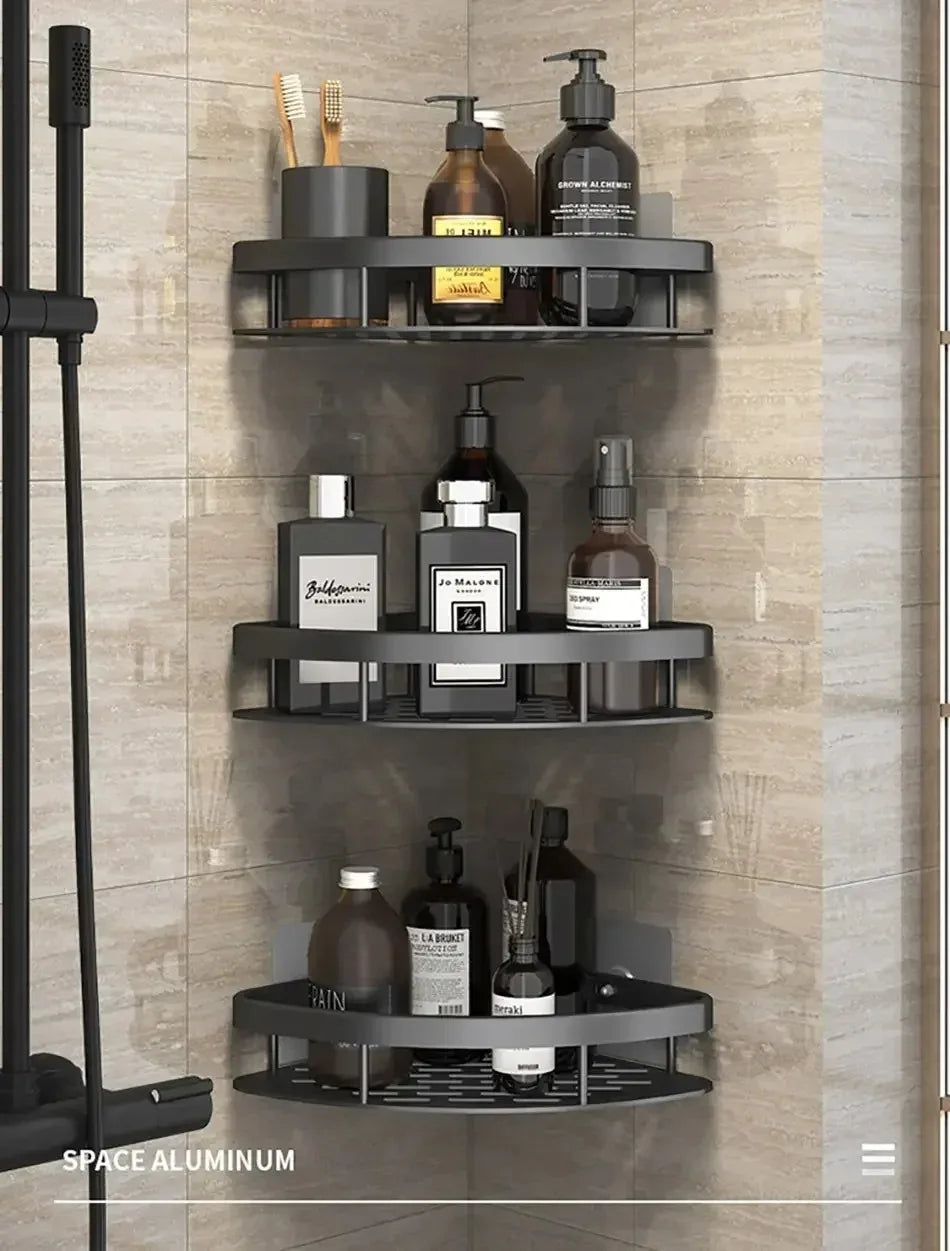 WinniHouse corner bathroom storage organizer with adhesive, wall-mounted shower shelf and draining tray for bathroom organization.