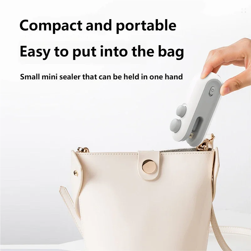WinniShop portable USB rechargeable food sealer with storage bag, plastic sealing clip for vacuum sealing food packages.