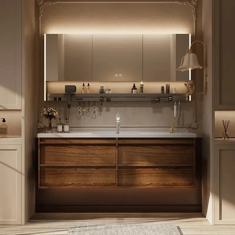 Solid wood vintage bathroom cabinet with sink, storage shelves, and toilet separator, crafted by WinniShop.