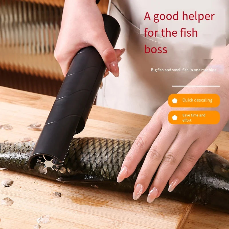 Portable waterproof electric fish scaler by WinniHouse, showing the compact, handheld device with a power cord and stainless steel scraping surface.