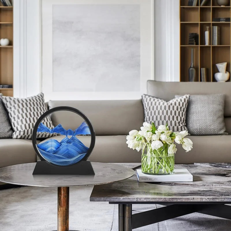 WinniHouse 3D sand timer with moving sands and dynamic sand art, showcasing mesmerizing flowing sands inside a clear glass hourglass.