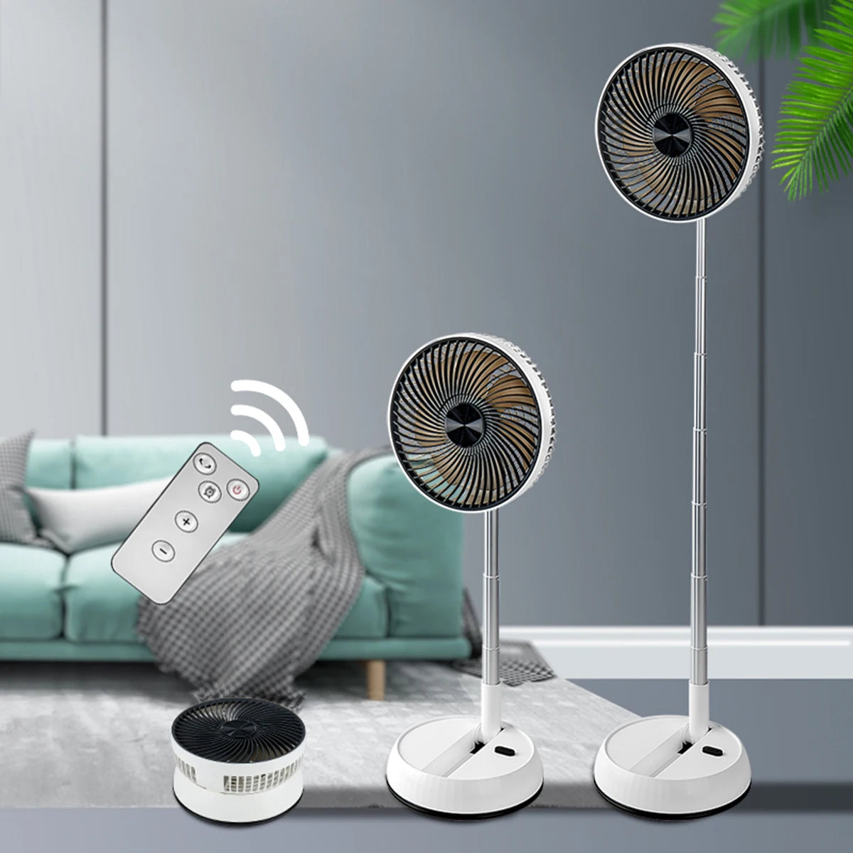 Portable WinniHouse air cooler fan with foldable design and remote control, shown in a sleek, compact shape for cooling comfort.
