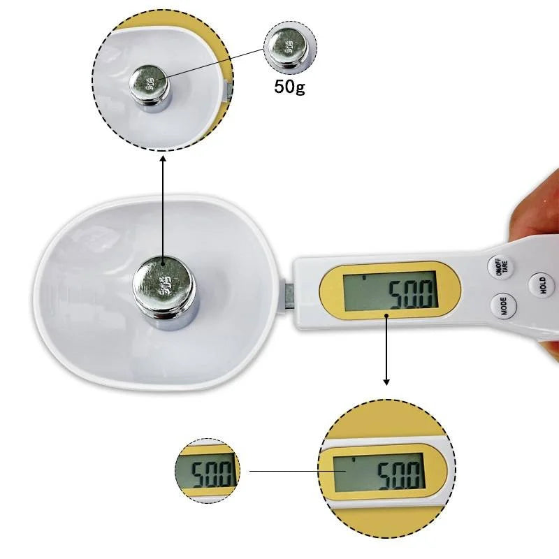 Digital 500g precision kitchen scale with LCD display and measuring spoon from WinniHouse, featuring a digital 0.5g accuracy.