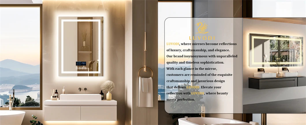 Rectangular LED smart bathroom mirror with Bluetooth speaker, backlit, anti-fog, displaying time and temperature, wall-mounted design