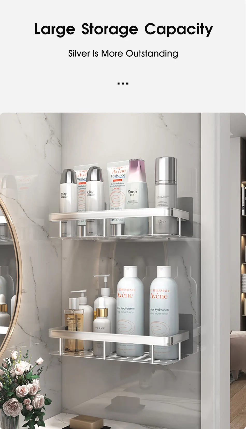 Wall-mounted bathroom storage shelf by WinniHouse, shower organizer for shampoo and bath accessories, ideal for bathroom organization.