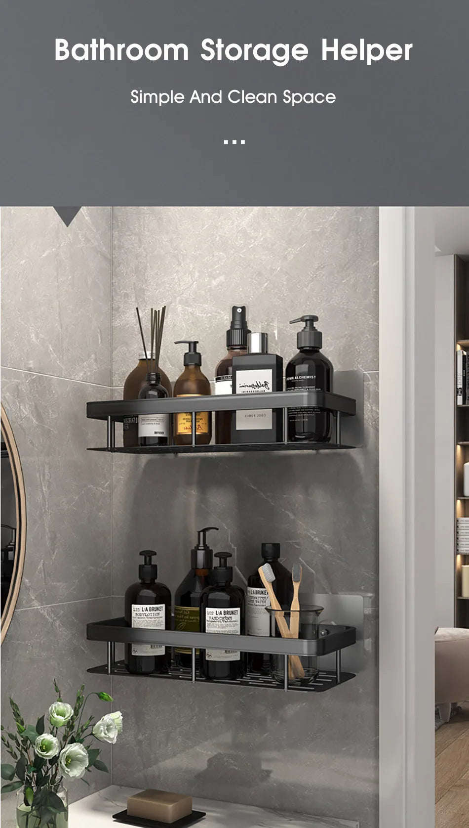 Wall-mounted bathroom storage shelf by WinniHouse, shower organizer for shampoo and bathroom accessories, sleek wall-mounted design.