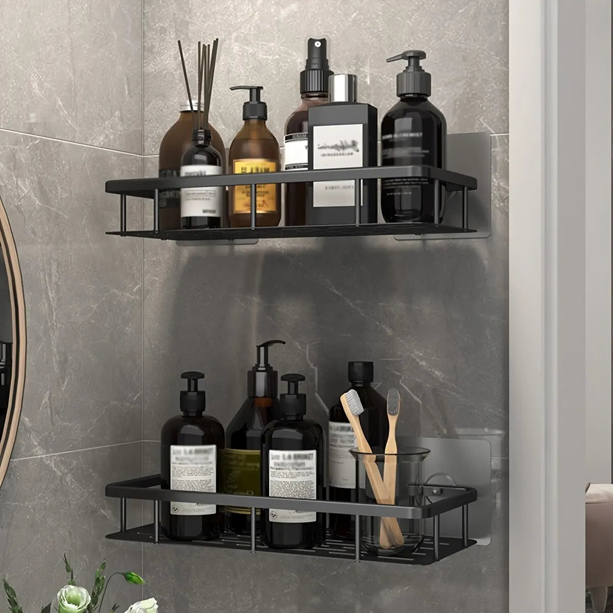 Wall-mounted bathroom storage shelf by WinniHouse, includes shower organizer for shampoo and bathroom accessories.